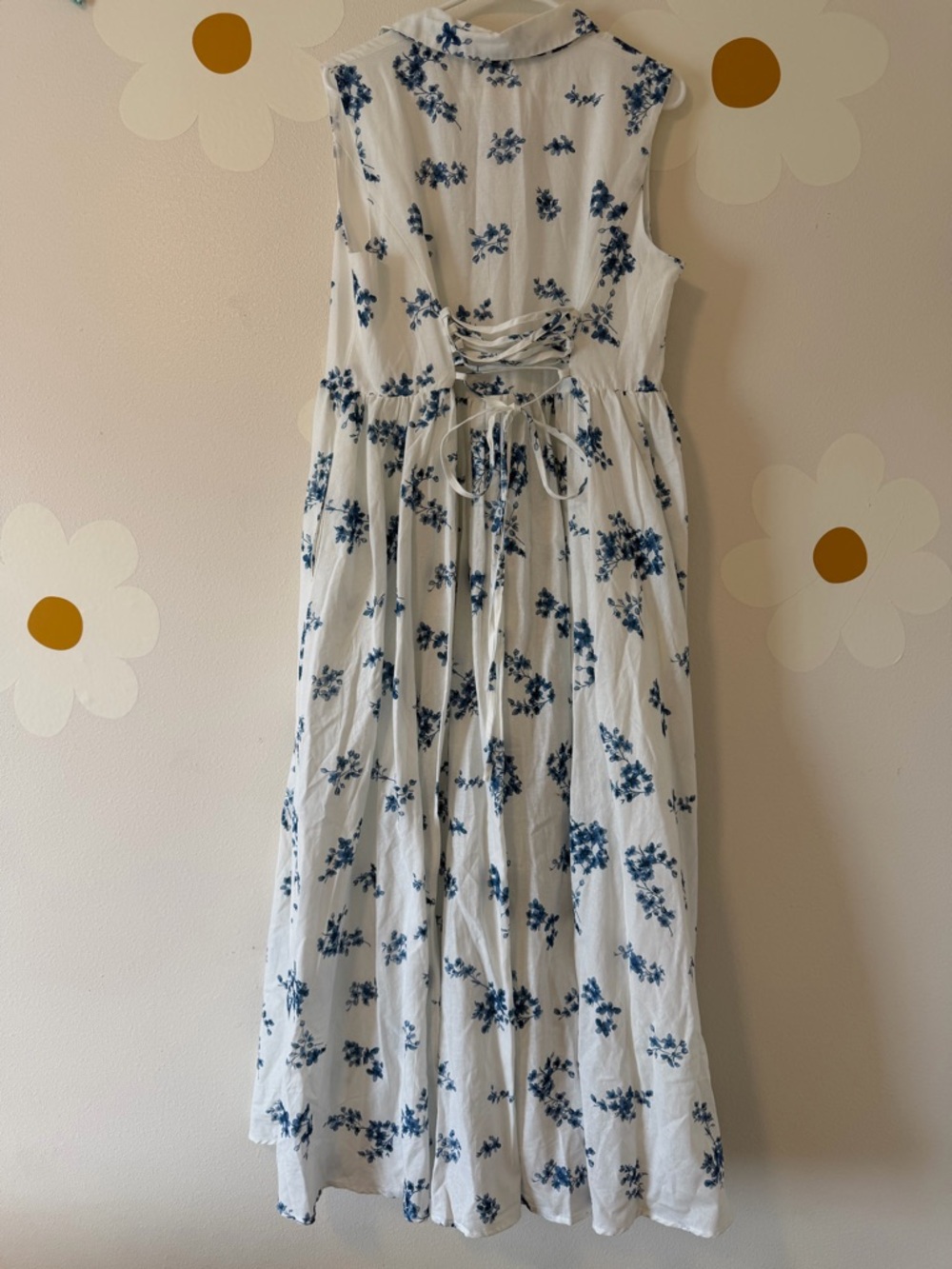 NWT Ramie Cotton Sleeveless Blue Floral Corset Buttoned Maxi Dress - Picture 7 of 15